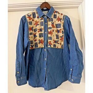 Vtg 1X Woman QUACKER FACTORY Jean Button Up Blouse Bears America USA Granny Core